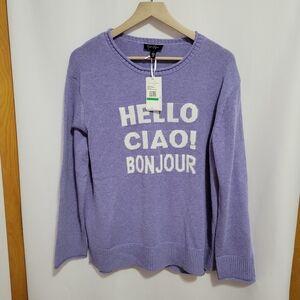 Jessica Simpson Lavender "Hello" Crew Neck Sweater, Size L, New With Tags